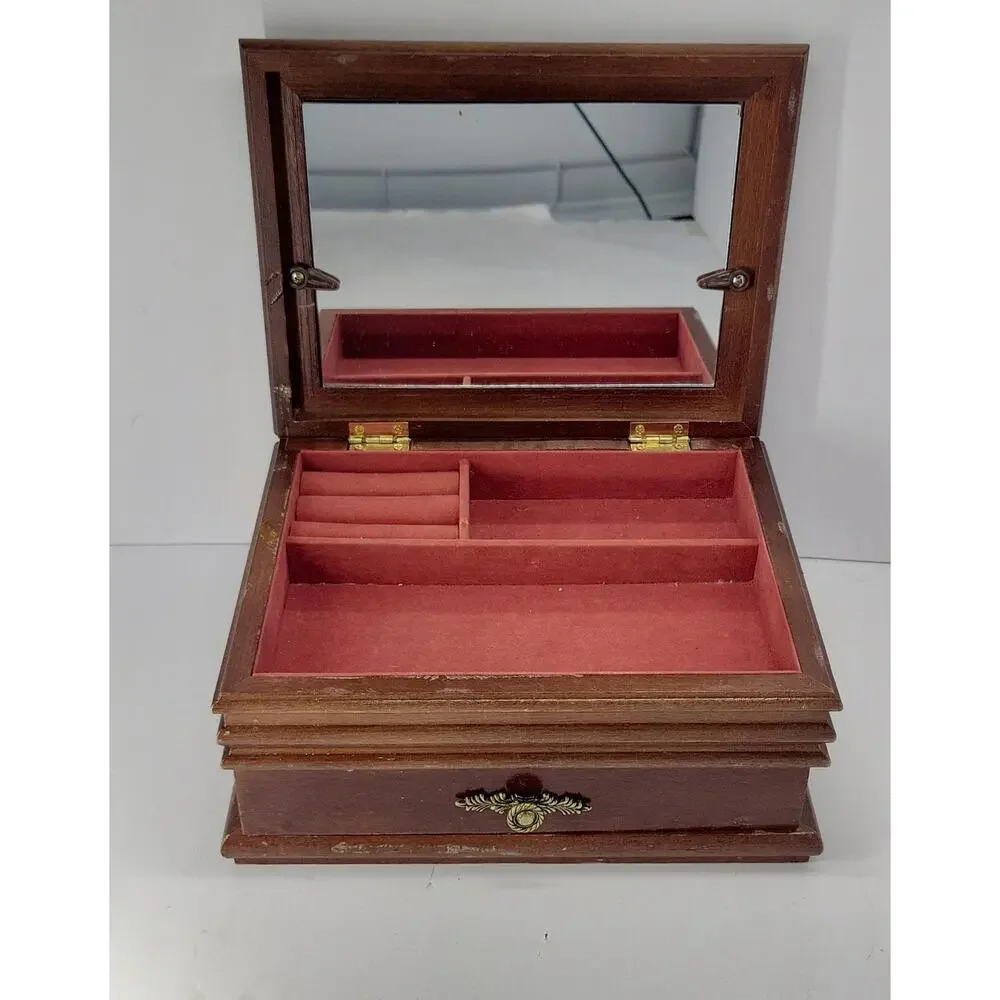 Wooden Jewelry Box with Photo Frame Lid Mirror Drawer Ring Organizer Brown